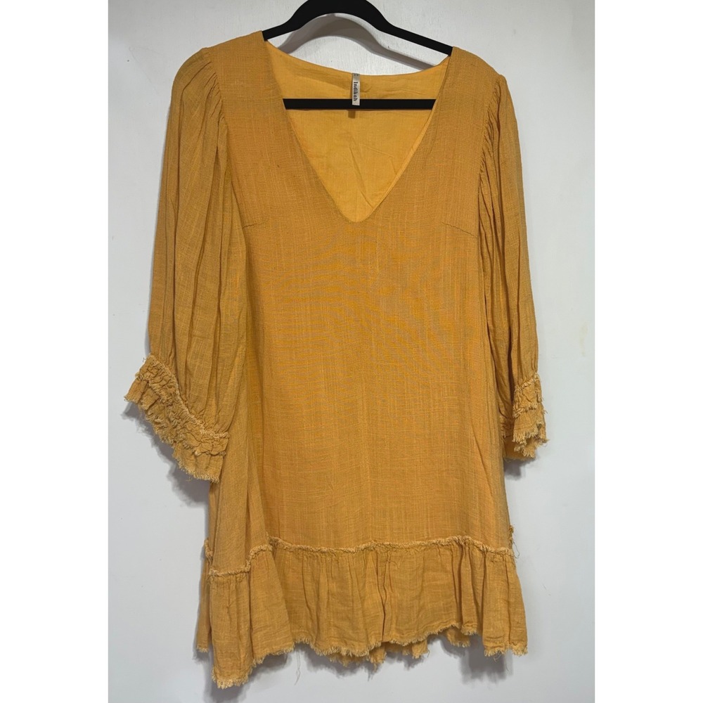 Indikah Mustard Yellow Boho V-Neck Mini Dress Ruffle Frayed Hem Medium